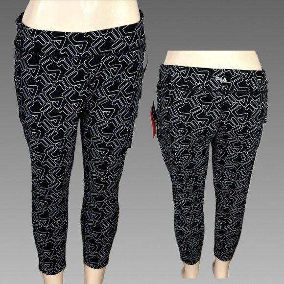 Fila XL Black Logo Name Print Flat Stretch Waist Cotton/Spandex Capri Pants - Picture 1 of 6